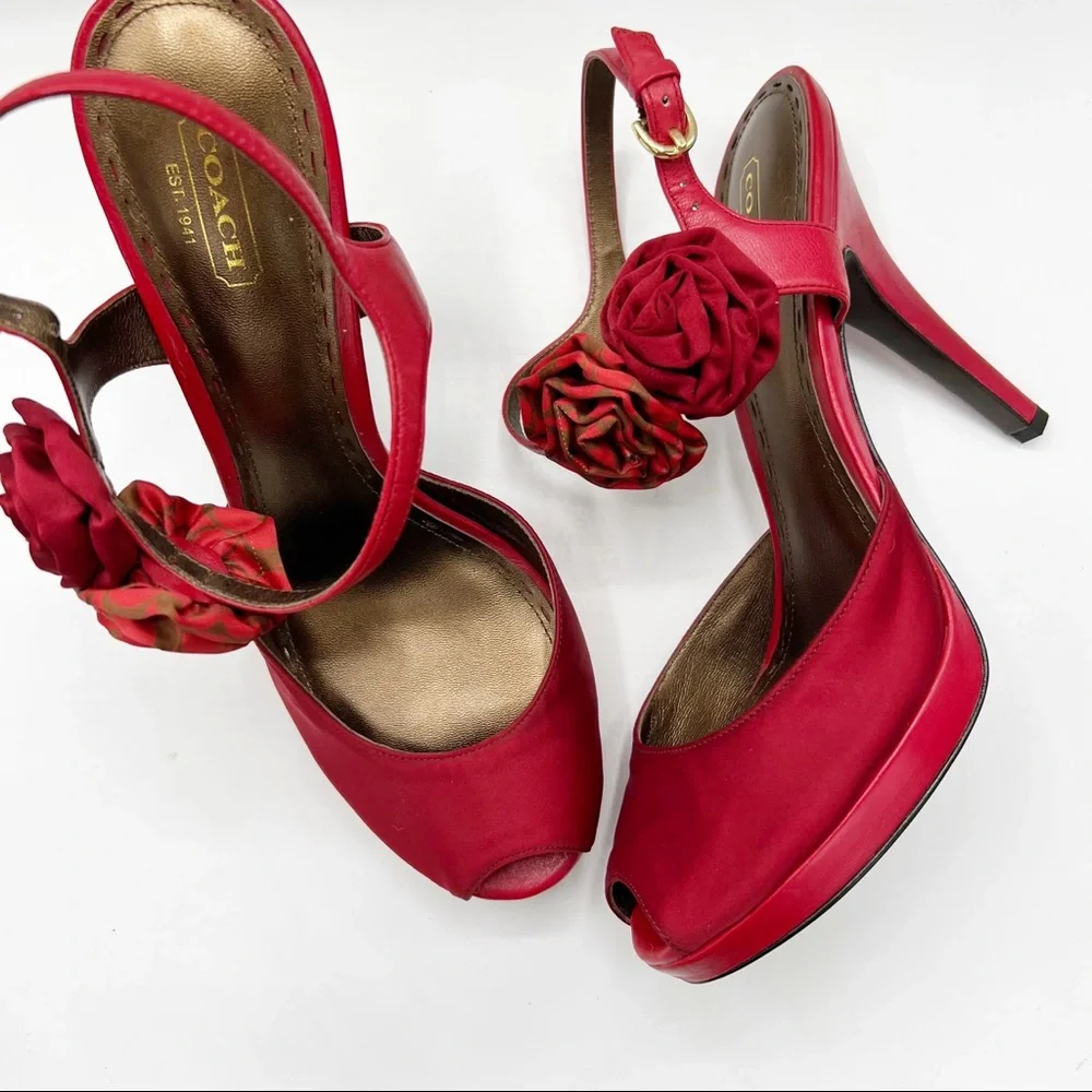 Coach Addysen Red Leather & Silk Rosette Heeled Peep Toe Shoes, Size 9.5B (Med)